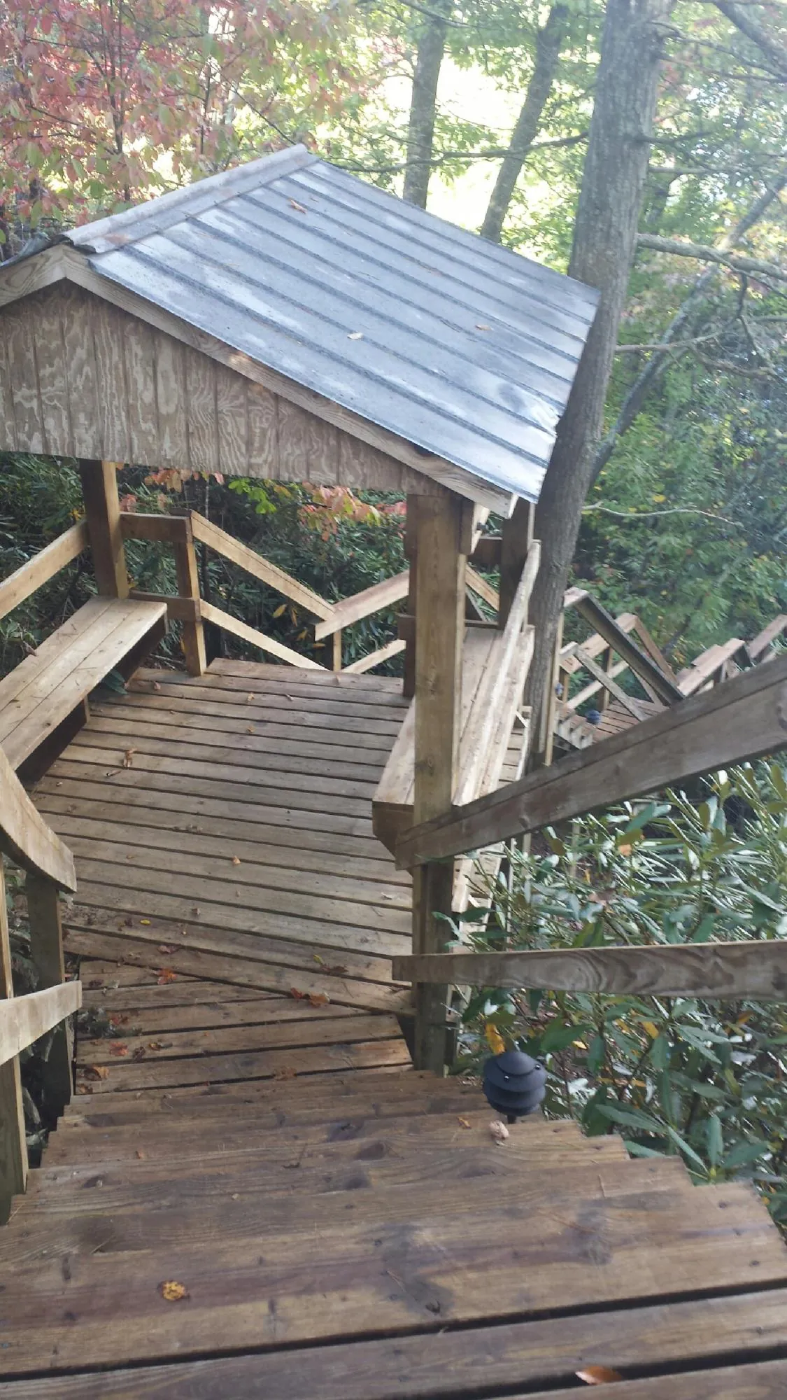 Metal roofed shelter over wooden steps on a wooded walkway — Skylight Repair & Installation work by our crew in Seeley Lake